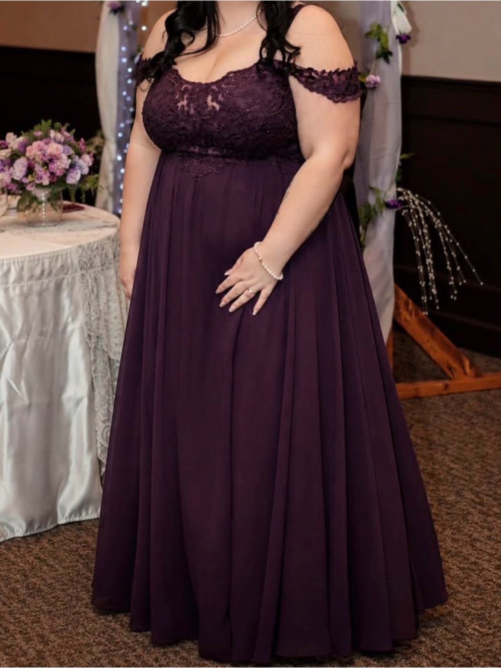 Elegant Off-Shoulder Plus-Size Evening Dress in Deep Plum